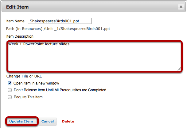 Add a description, then click Update Item.