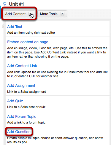 Click Add Content, then Add Question.