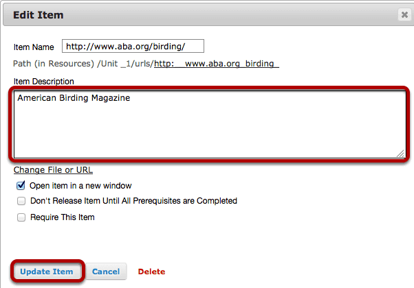 Add a description, then click Update Item.