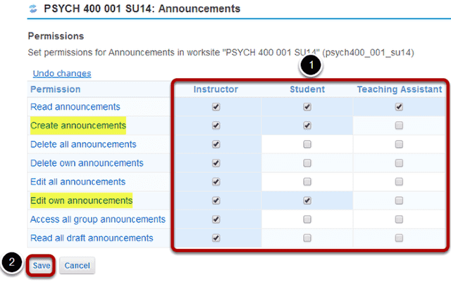 Modify the permissions for the roles listed.