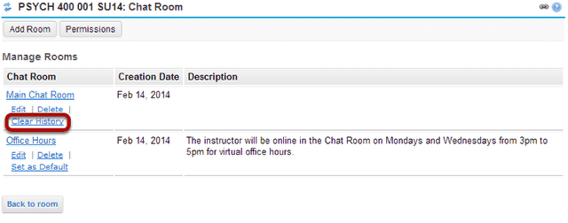 Click the Clear History link for the room you want to clear.