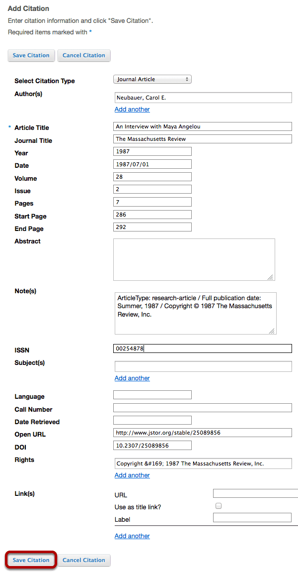 Enter citation information, then Save.