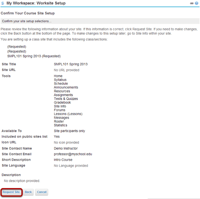 Confirm site setup.