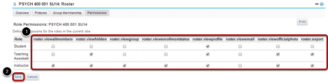 Modify the permissions for the roles listed.