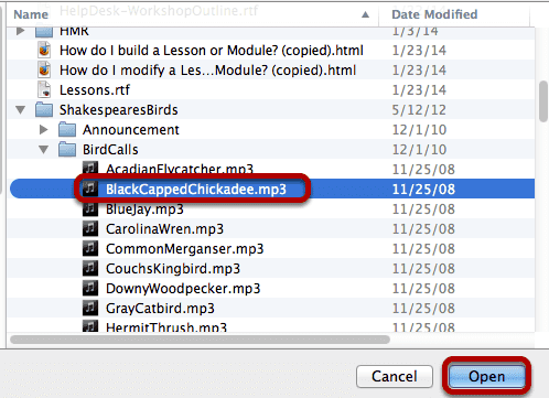 Locate the audio file, select it and click Open.