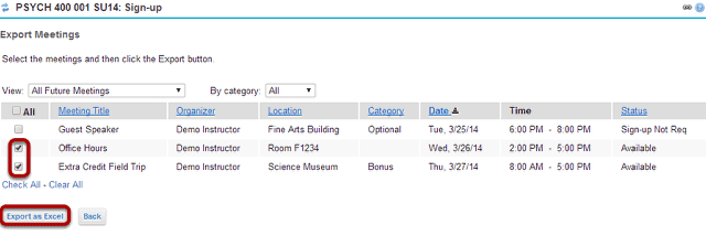 Select the meetings desired, and click Export as Excel.