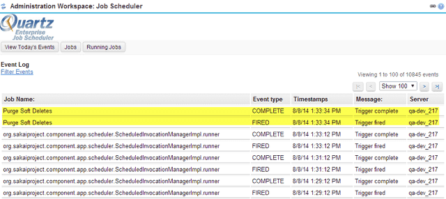 Notice that the Purge Soft Deletes job will be listed as fired and completed.