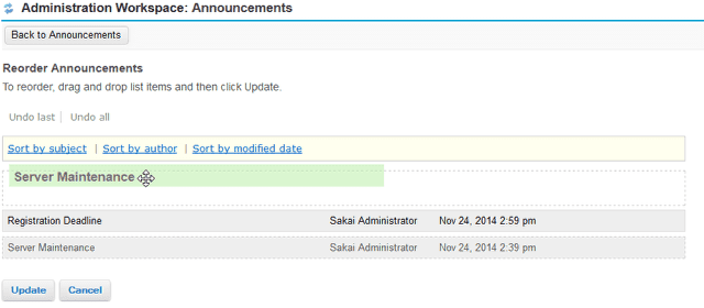 Drag and drop to re-order announcements.
