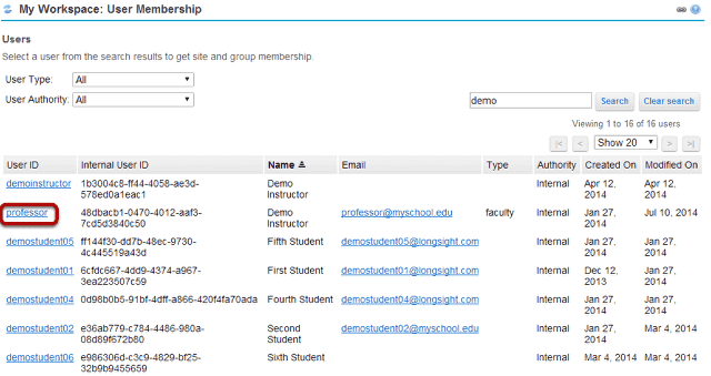Click on a User ID to see site and group membership for that user.