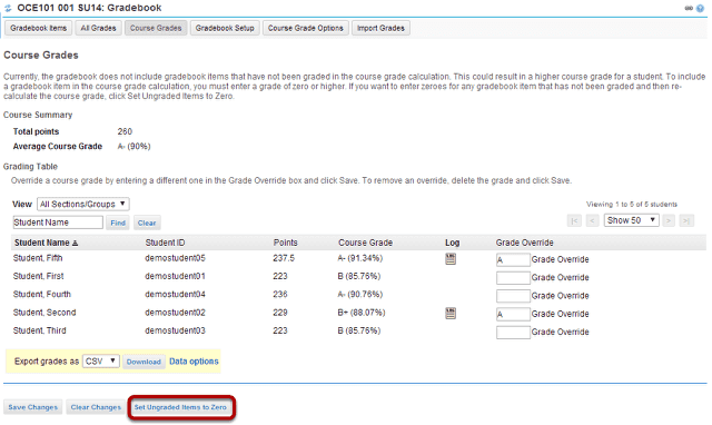 Click Set Ungraded Items to Zero.