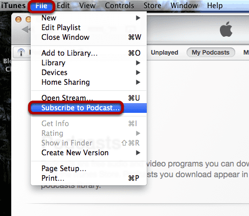 Click File / Subscribe to Podcast.