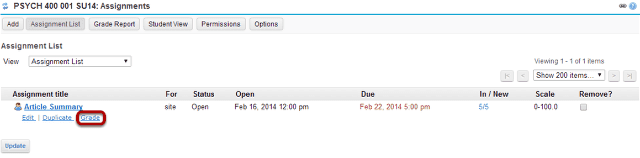 Click the Grade link for the assignment to be graded.