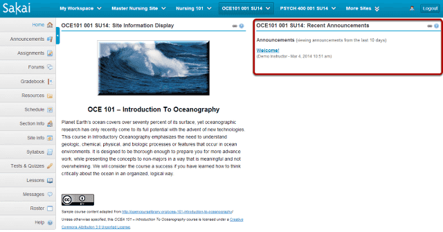 Viewing announcements within a course or project site.