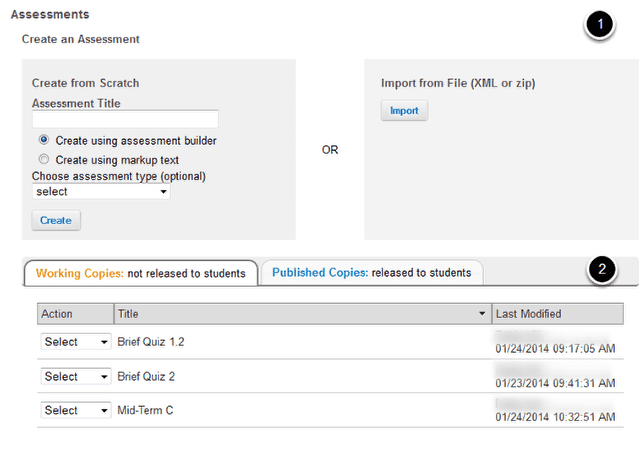 Tests & Quizzes tool landing page. (Instructor View)